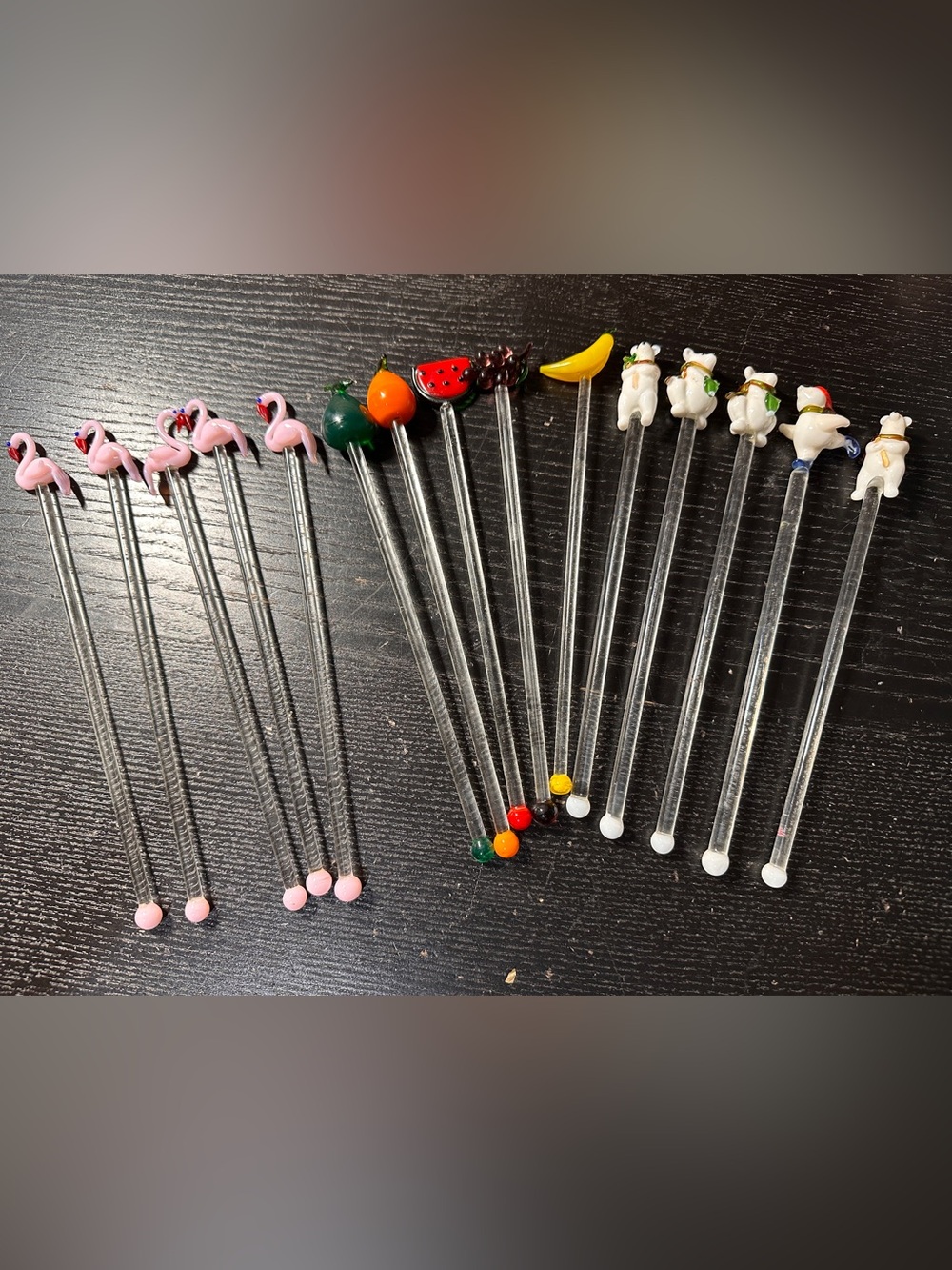 15 Vtg Hand Blown Glass Swizzle Sticks Cocktail Stirrers flamingo, fruit, bears